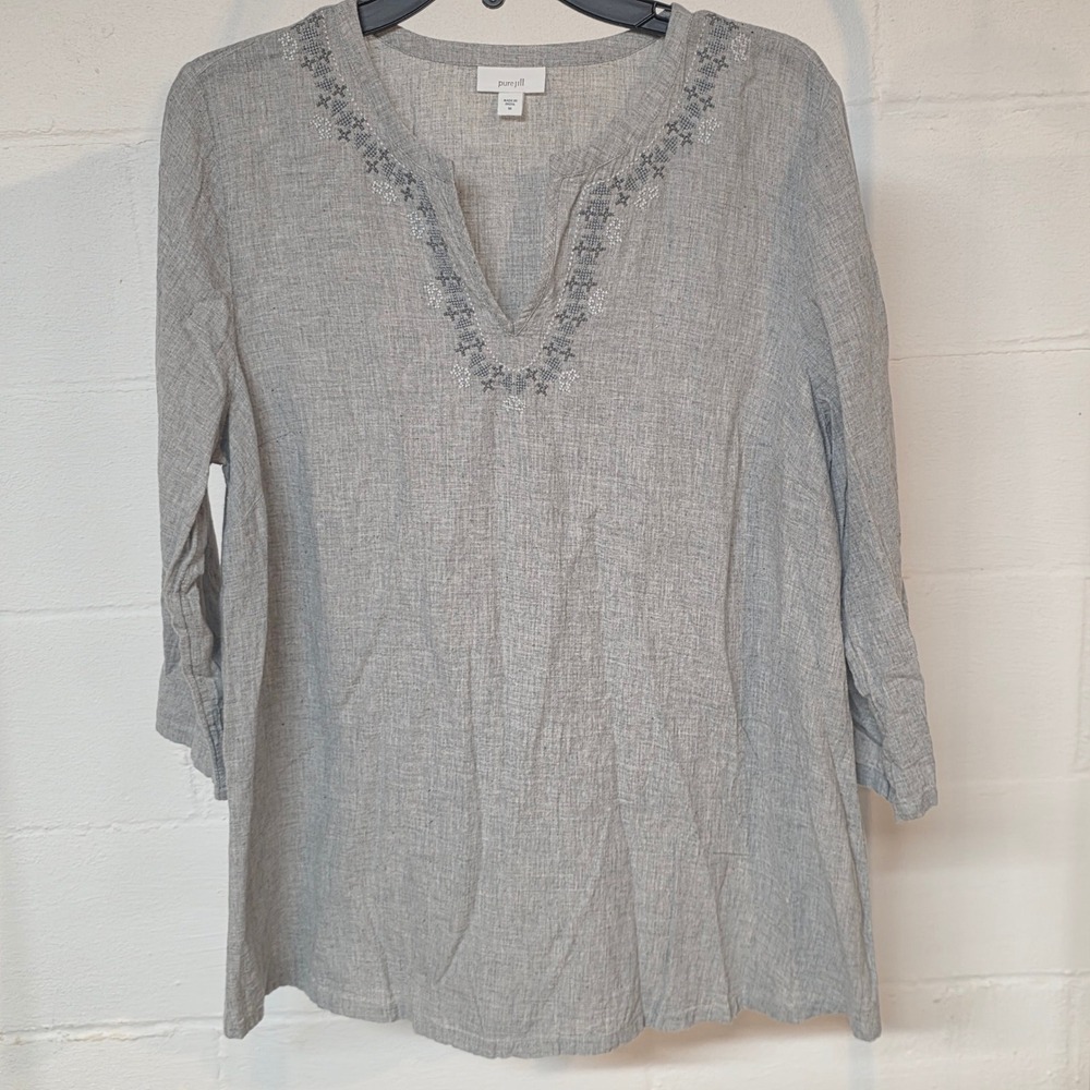 Pure Jill Grey Embroidered Linen Blend Split V-Neck 3/4 Sleeve Tunic Top Women M